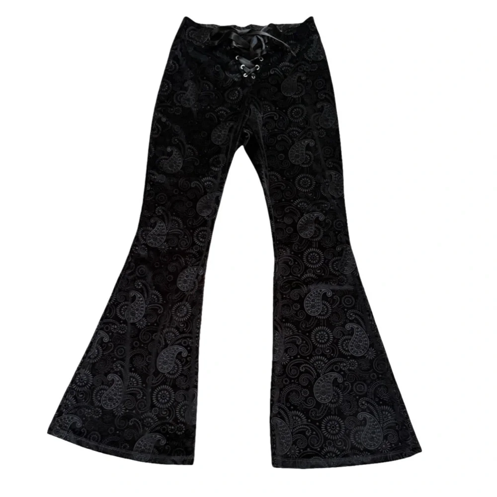 Goth Velvet Boho Gypsy Black Paisley Flare Pants - Picture 5 of 11